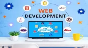 Web development concept with a laptop and design elements, created for branding by a digital marketing strategist in palakkad.